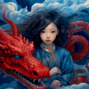 Jeune fille asiatique en kimono bleu avec dragon rouge flamboyant, art fantastique et mythologique