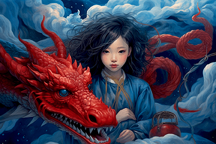 Jeune fille asiatique en kimono bleu avec dragon rouge flamboyant, art fantastique et mythologique