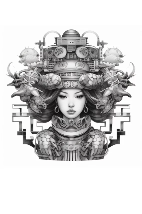 Art cyberpunk femme asiatique avec coiffe technologique et animaux