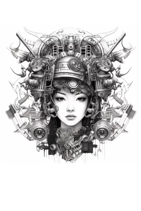 Illustration en noir et blanc d'une geisha cyberpunk avec un headdress mécanique complexe, fusion d'art asiatique et de technologie futuriste