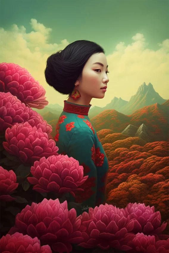 Illustration d'une femme asiatique en tenue traditionnelle entourée de fleurs roses et de montagnes orangées