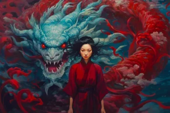 Femme en kimono rouge face à un dragon bleu dans un tourbillon rouge et bleu