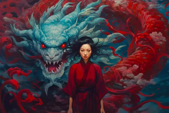 Femme en kimono rouge face à un dragon bleu dans un tourbillon rouge et bleu