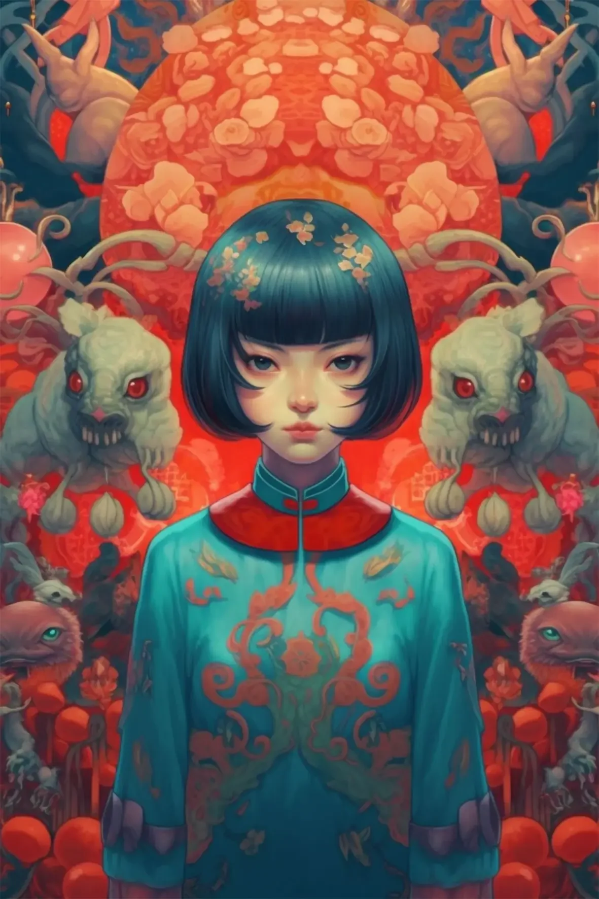 Femme asiatique au carré plongeant entourée de créatures fantastiques et de motifs floraux