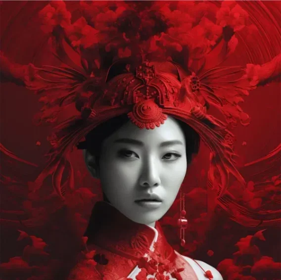 Portrait en noir et blanc d'une femme asiatique portant une couronne rouge sur fond écarlate