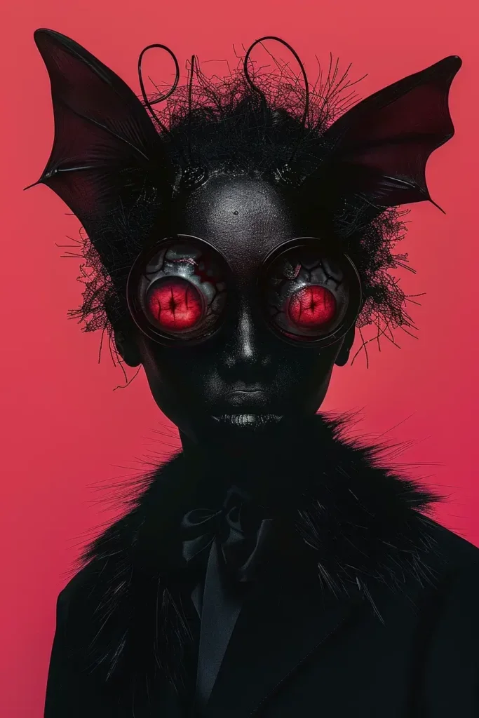 Portrait gothique noir avec yeux rouges lumineux et ailes de chauve-souris sur fond rouge vif